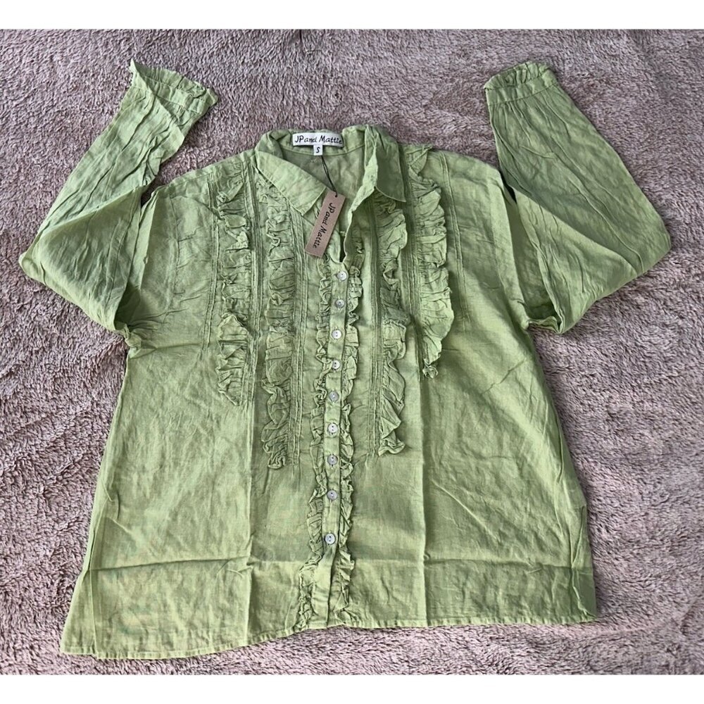 JP And Mattie Women’s Blanchard Ruffle Button Down Blouse Green Sz S New - Picture 5 of 13